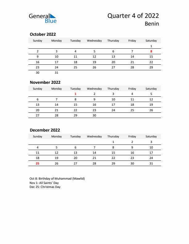 2022 Q4 Three-Month Calendar for Benin