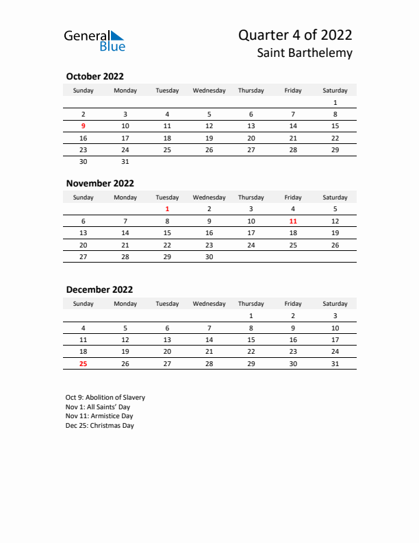 2022 Q4 Three-Month Calendar for Saint Barthelemy