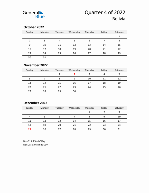 2022 Q4 Three-Month Calendar for Bolivia