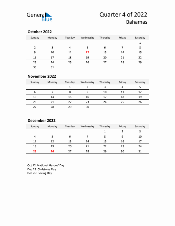 2022 Q4 Three-Month Calendar for Bahamas