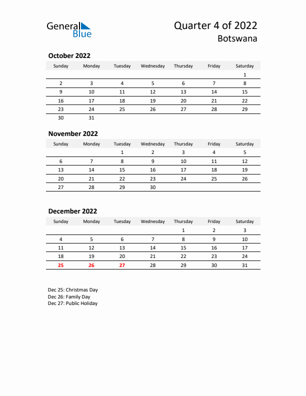 2022 Q4 Three-Month Calendar for Botswana