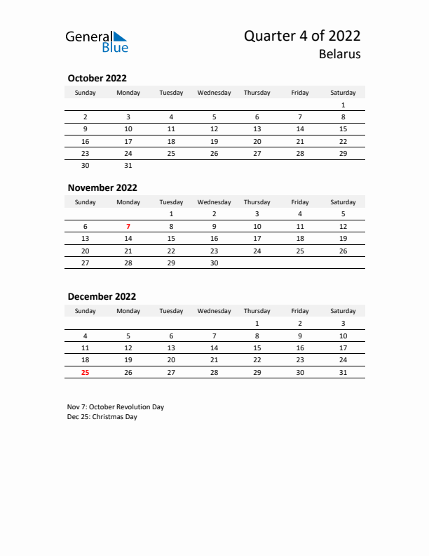 2022 Q4 Three-Month Calendar for Belarus