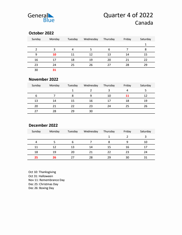 2022 Q4 Three-Month Calendar for Canada