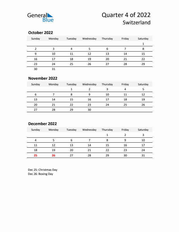 2022 Q4 Three-Month Calendar for Switzerland