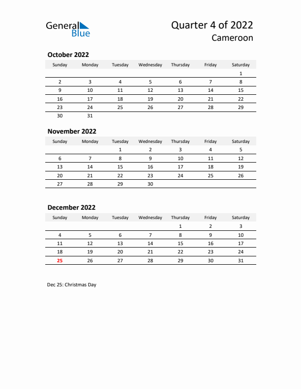 2022 Q4 Three-Month Calendar for Cameroon