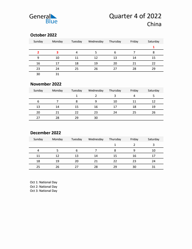 2022 Q4 Three-Month Calendar for China