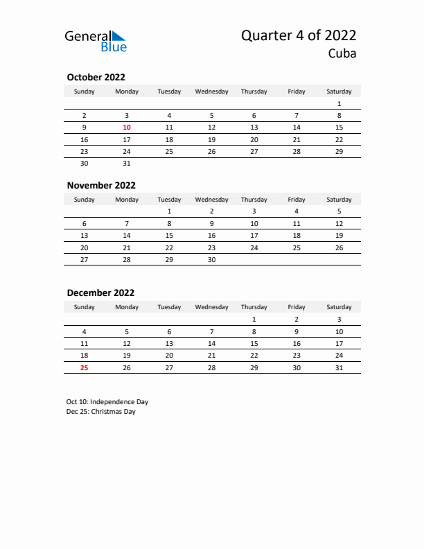 2022 Q4 Three-Month Calendar for Cuba