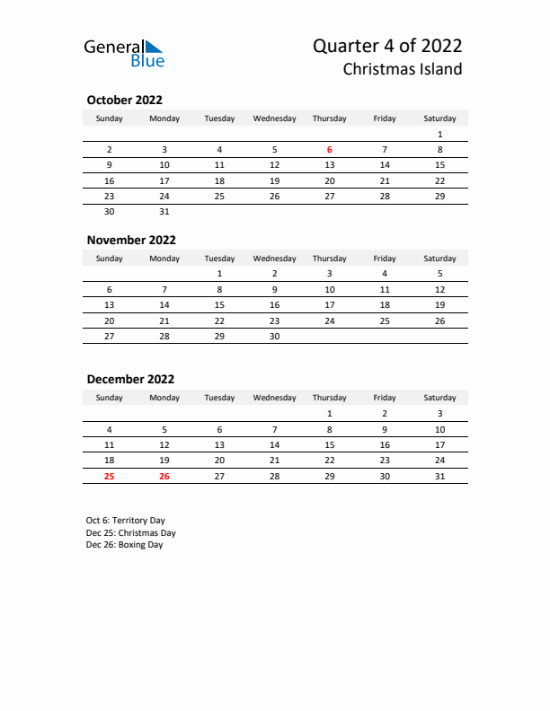 2022 Q4 Three-Month Calendar for Christmas Island