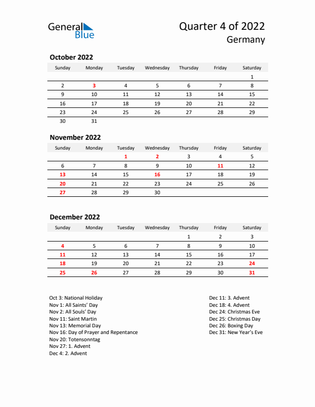 2022 Q4 Three-Month Calendar for Germany