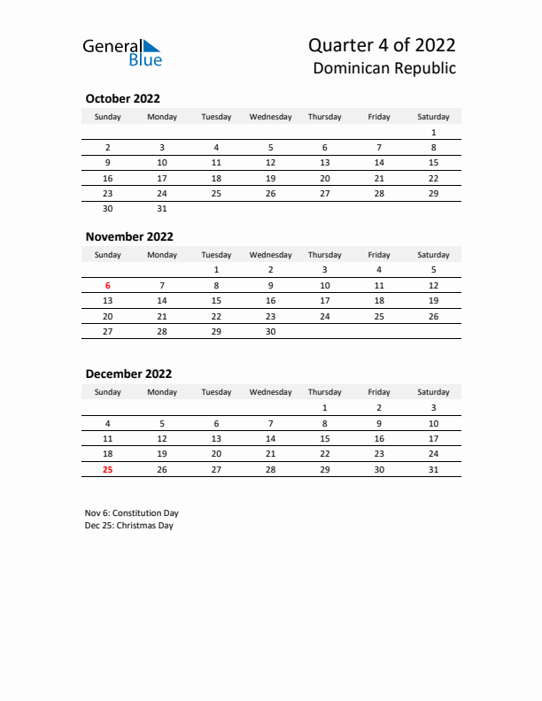 2022 Q4 Three-Month Calendar for Dominican Republic