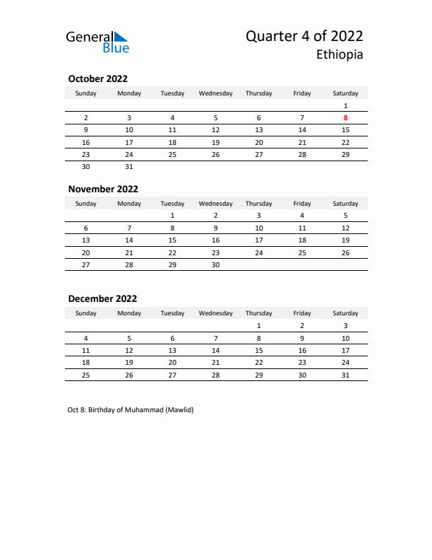 2022 Q4 Three-Month Calendar for Ethiopia