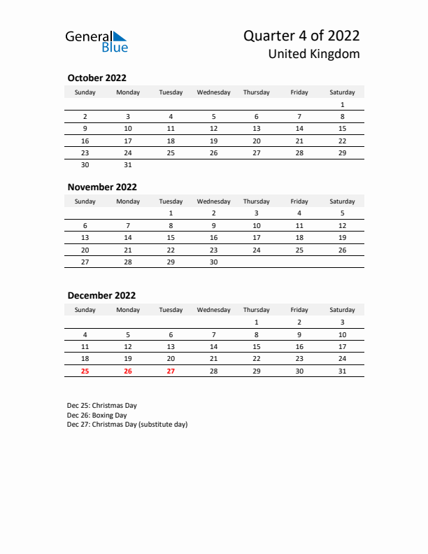 2022 Q4 Three-Month Calendar for United Kingdom