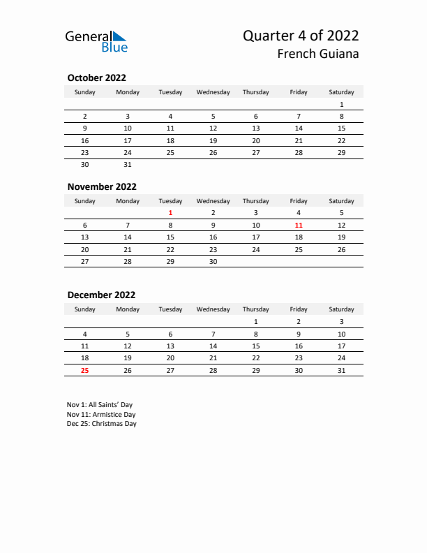 2022 Q4 Three-Month Calendar for French Guiana