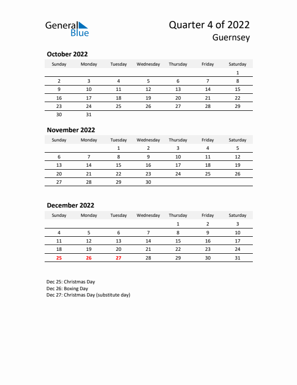 2022 Q4 Three-Month Calendar for Guernsey