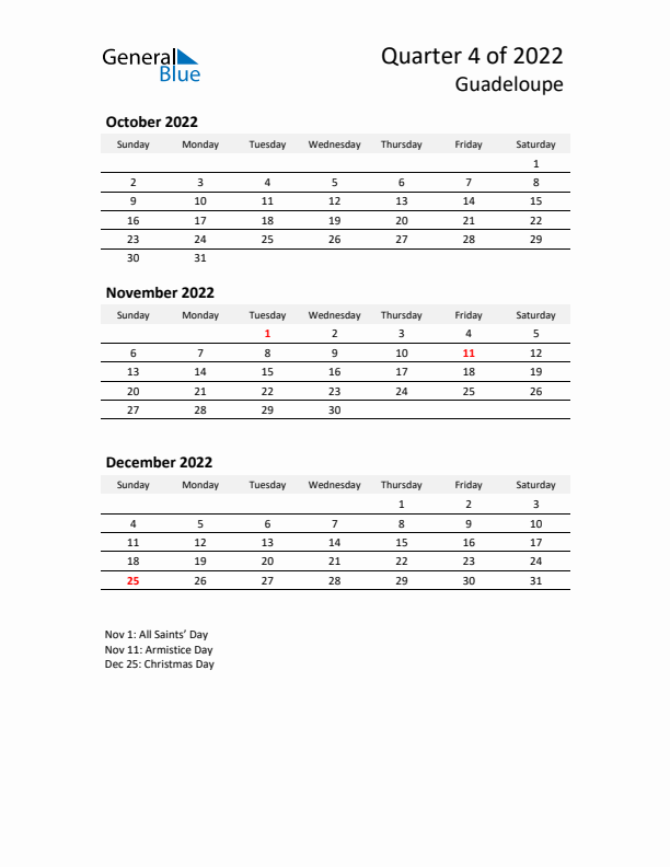 2022 Q4 Three-Month Calendar for Guadeloupe