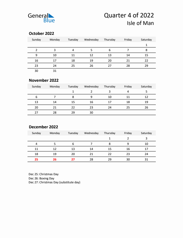 2022 Q4 Three-Month Calendar for Isle of Man