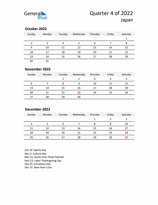 2022 Q4 Three-Month Calendar for Japan