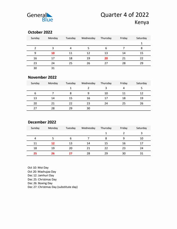 2022 Q4 Three-Month Calendar for Kenya