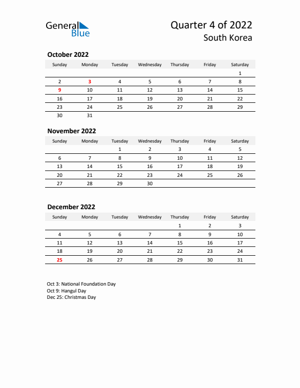 2022 Q4 Three-Month Calendar for South Korea