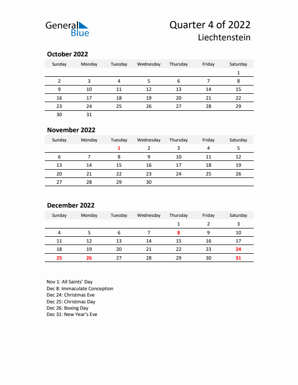 2022 Q4 Three-Month Calendar for Liechtenstein