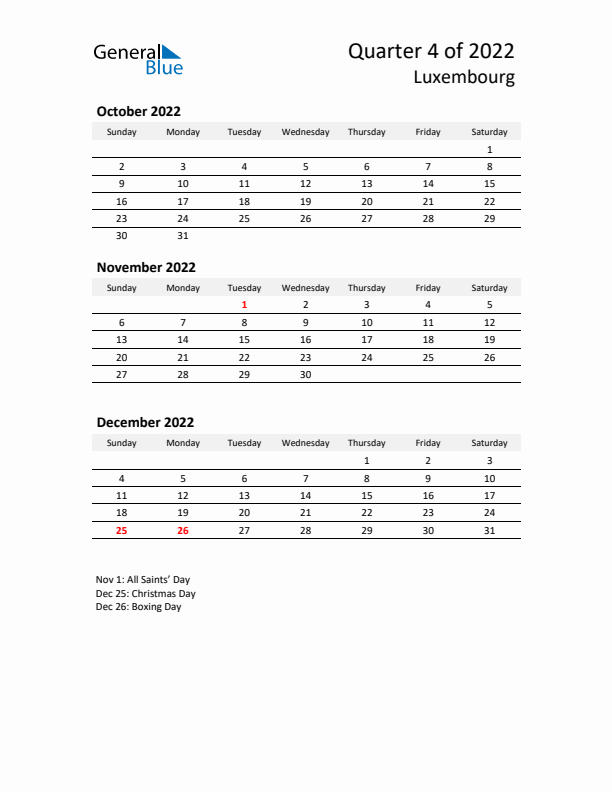 2022 Q4 Three-Month Calendar for Luxembourg