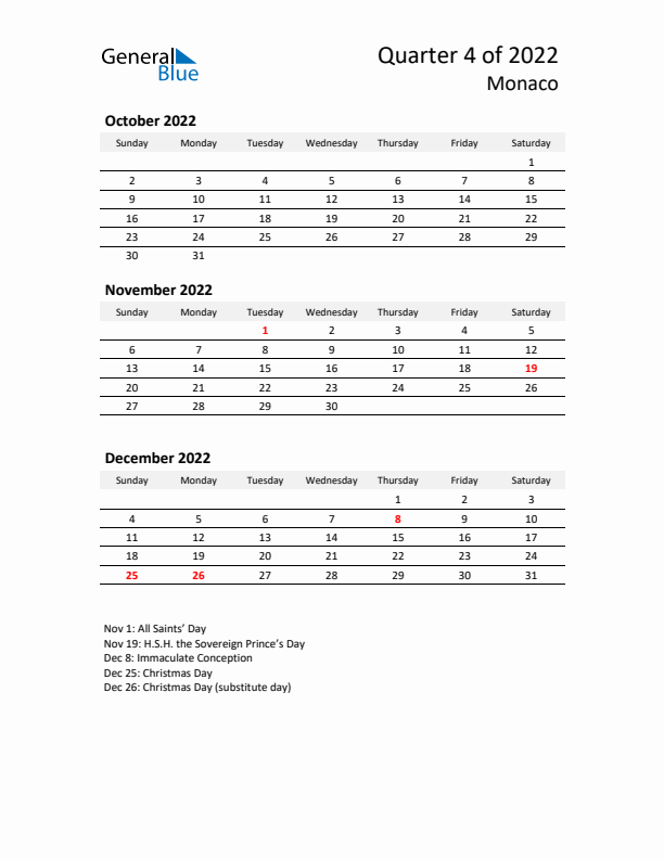 2022 Q4 Three-Month Calendar for Monaco