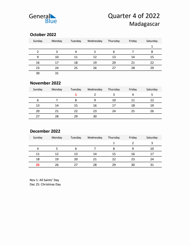 2022 Q4 Three-Month Calendar for Madagascar