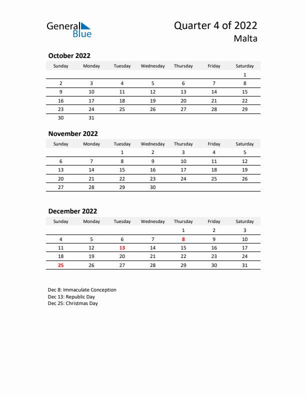 2022 Q4 Three-Month Calendar for Malta