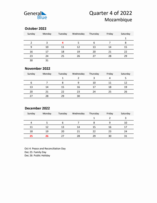 2022 Q4 Three-Month Calendar for Mozambique