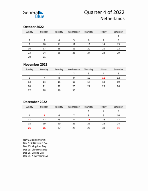 2022 Q4 Three-Month Calendar for The Netherlands