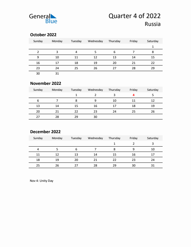 2022 Q4 Three-Month Calendar for Russia