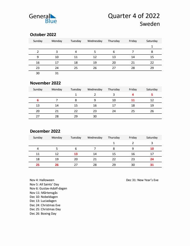 2022 Q4 Three-Month Calendar for Sweden