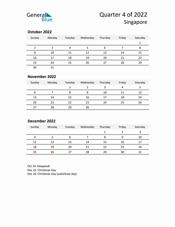 2022 Q4 Three-Month Calendar for Singapore