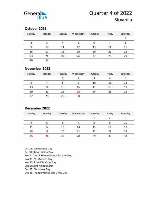 2022 Q4 Three-Month Calendar for Slovenia