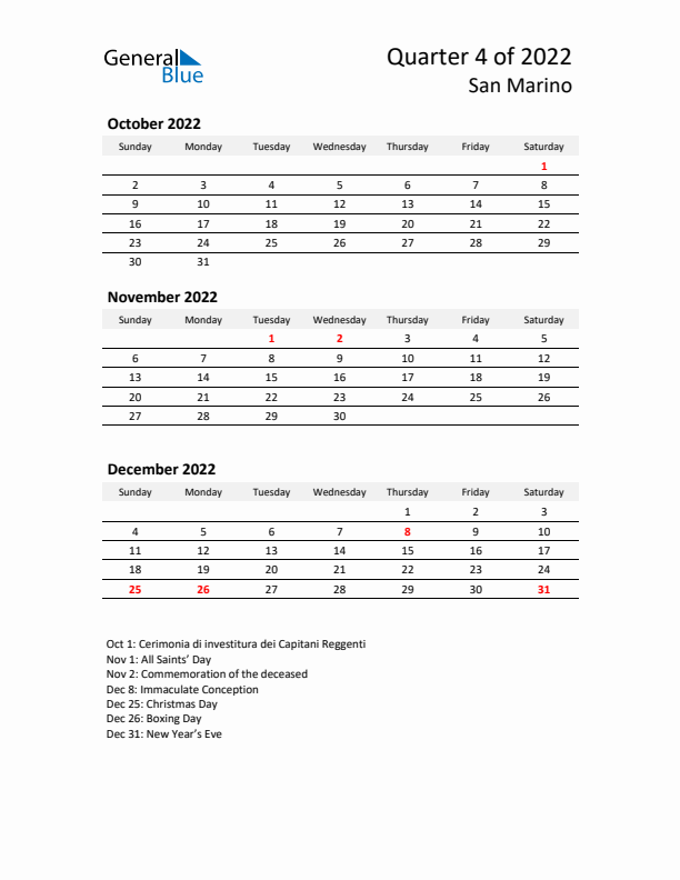 2022 Q4 Three-Month Calendar for San Marino