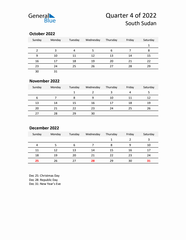 2022 Q4 Three-Month Calendar for South Sudan