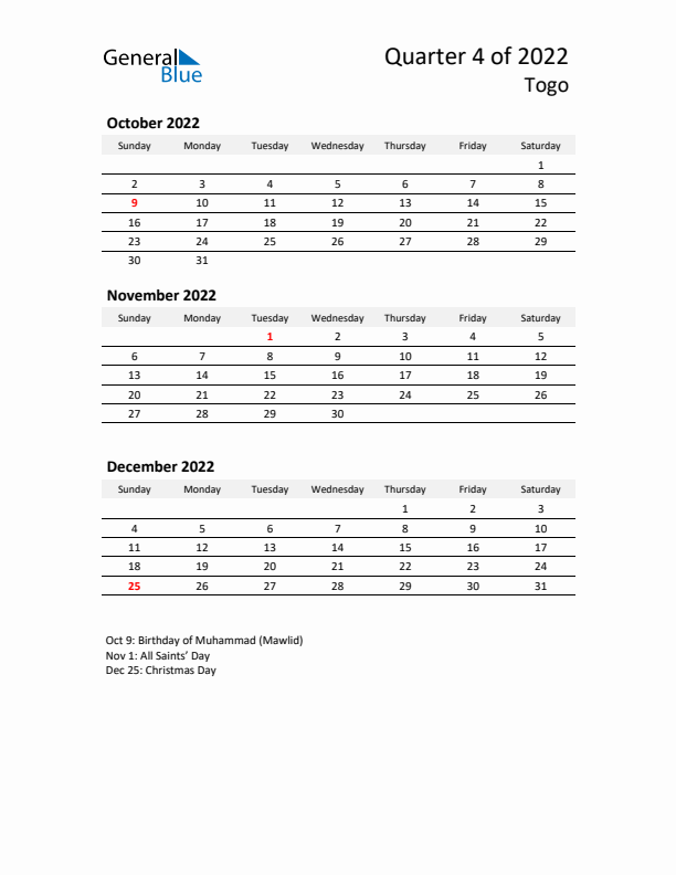 2022 Q4 Three-Month Calendar for Togo