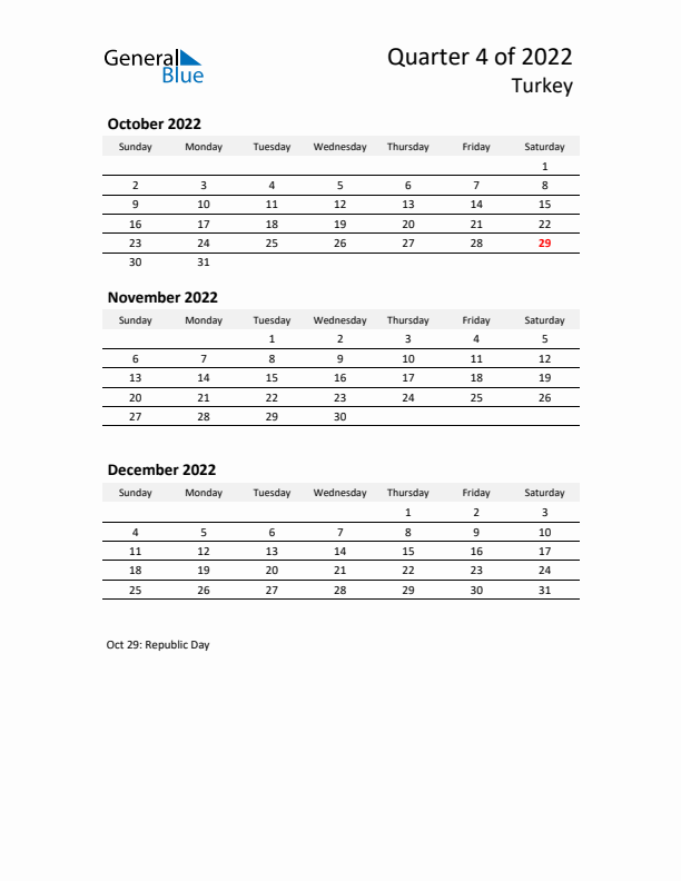 2022 Q4 Three-Month Calendar for Turkey