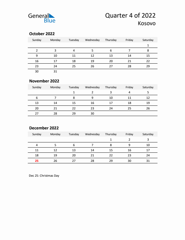 2022 Q4 Three-Month Calendar for Kosovo