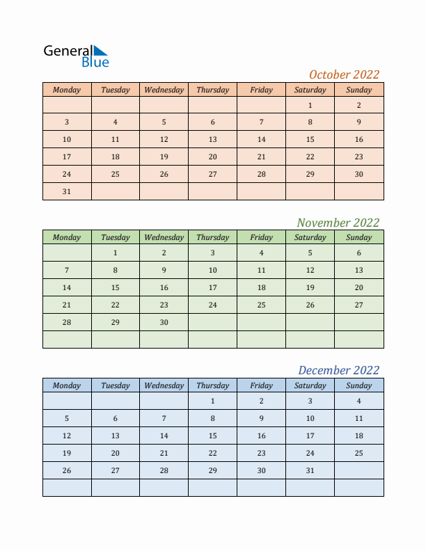 Three-Month Calendar for Year 2022 (October, November, and December)