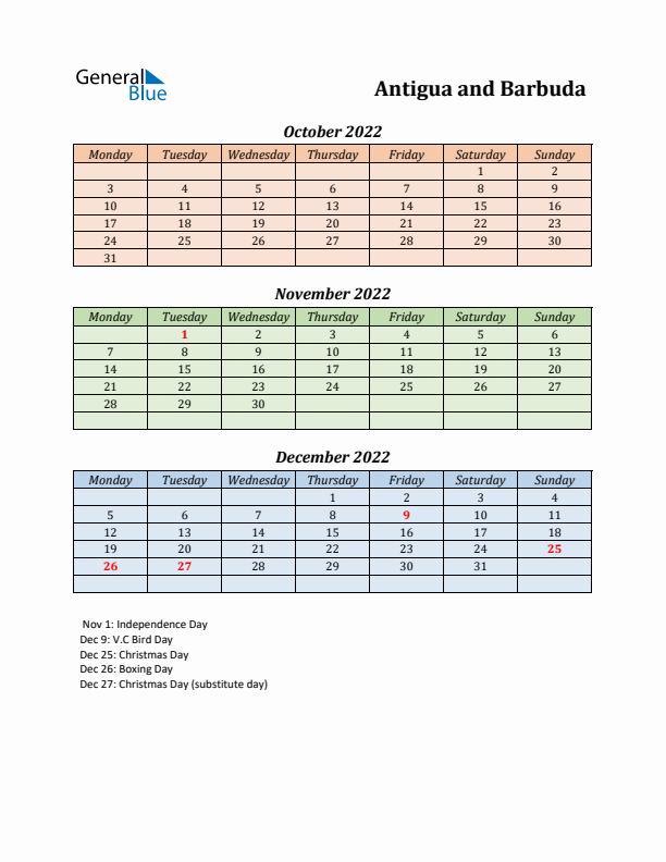 Q4 2022 Holiday Calendar - Antigua and Barbuda