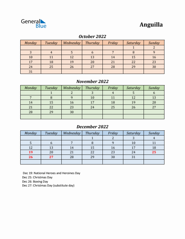 Q4 2022 Holiday Calendar - Anguilla