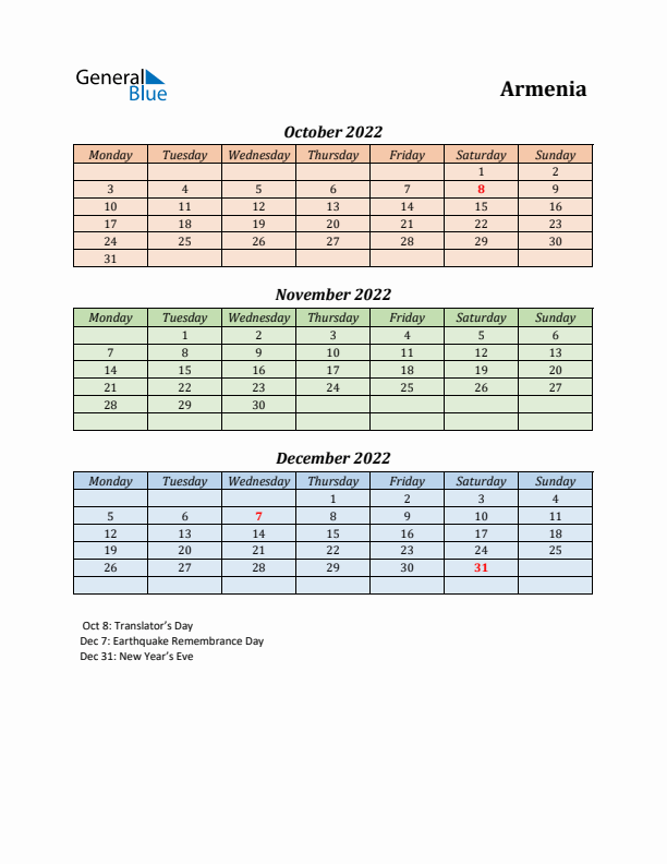 Q4 2022 Holiday Calendar - Armenia