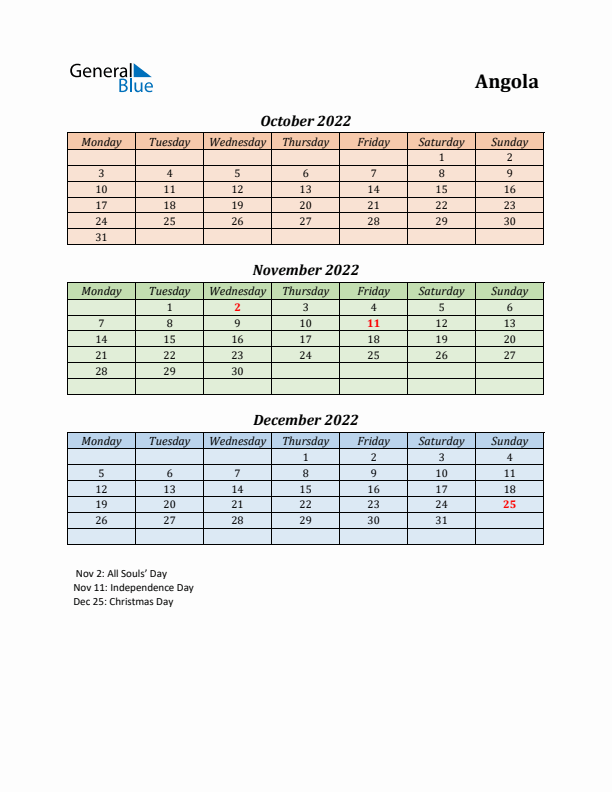 Q4 2022 Holiday Calendar - Angola