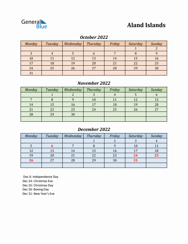 Q4 2022 Holiday Calendar - Aland Islands