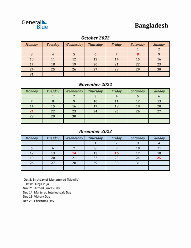 Q4 2022 Holiday Calendar - Bangladesh