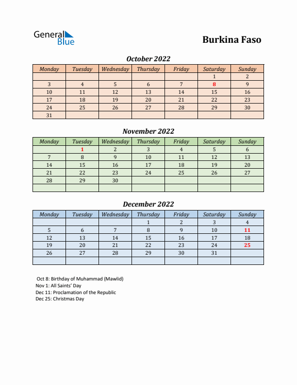 Q4 2022 Holiday Calendar - Burkina Faso