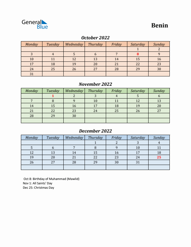 Q4 2022 Holiday Calendar - Benin