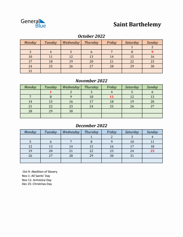 Q4 2022 Holiday Calendar - Saint Barthelemy