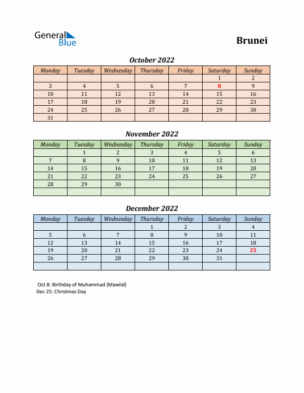 Q4 2022 Holiday Calendar - Brunei